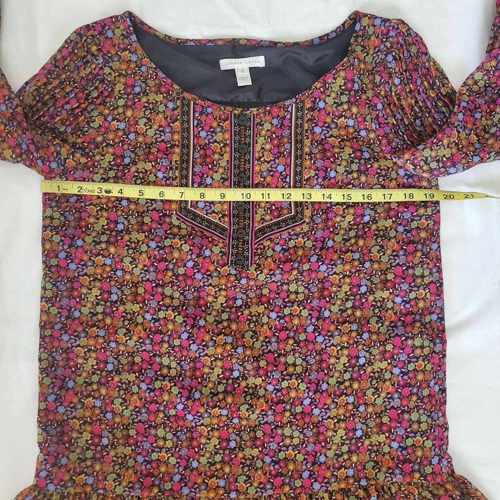 London Times Women's Ditsy Floral Lined 3/4 Sleeve Ruffle Hem Swing Dress Size 6 - Picture 5 of 5